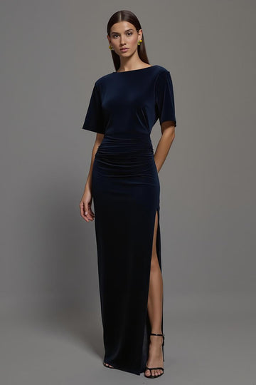 Navy Velvet Sheath Formal Dress with Slit